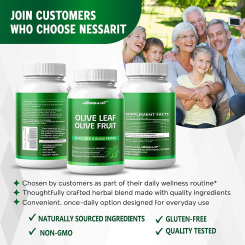 NESSARIT 9,100mg 60% 60% 150 Olive Leaf & Olive Fruit with Oleuropein & Hydroxytyrosol Plus Black Seed Oil & Black