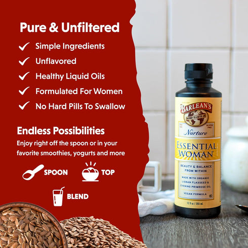 Barlean's Essential Woman Liquid Supplement, 12 oz, Organic Flaxseed, Evening Primrose Oil & Soy Isoflavones for