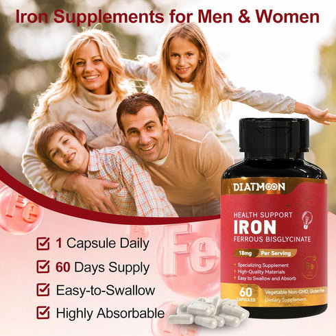 Wellbeing Iron Supplement for Women & Men - Highly Absorbable Iron Bisglycinate Capsules for Adults,Vegan, Non-GMO