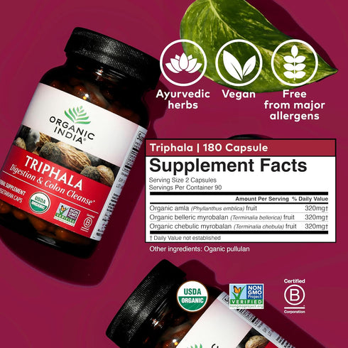 ORGANIC INDIA Triphala Herbal Supplement - Digestion & Immune Support, Vegan, 180 Capsules