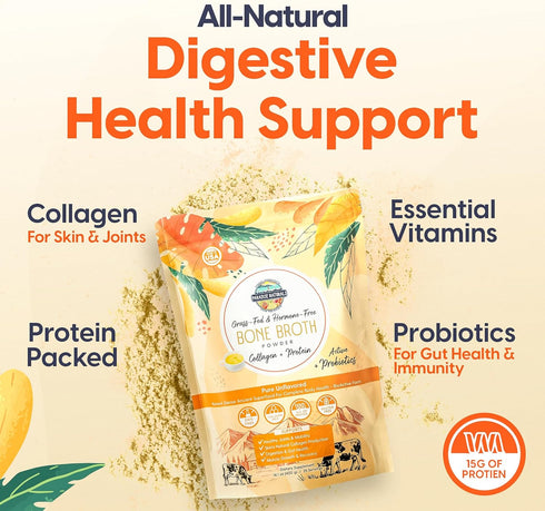 100% Grass-Fed Organic Beef Bone Broth Protein Powder, 15g Protein, Collagen Peptide Rich, Non-GMO, Low Sodium