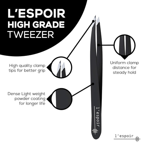 L’espoir High Precision Slant Tweezers, Rust-Free Stainless Steel, Perfect Alignment for Daily Beauty Routine - Black