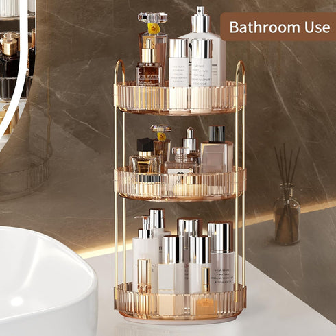 YCIA&DONE 360 Rotating Makeup Organizer - 3 Tiers High Capacity Cosmetic Skincare Perfume Storage for Vanity, Amber Gold