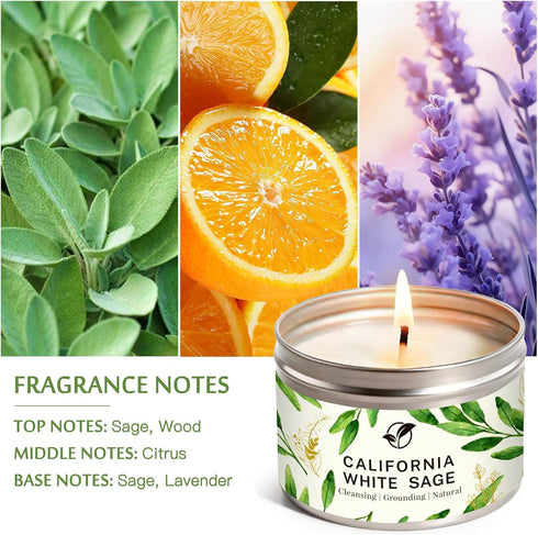 Set, 6-Pack 6oz Sage Candle Gift Natural Soy Wax Aromatherapy Scented Candles, Clean Burn & Lead-Free Cotton Wicks