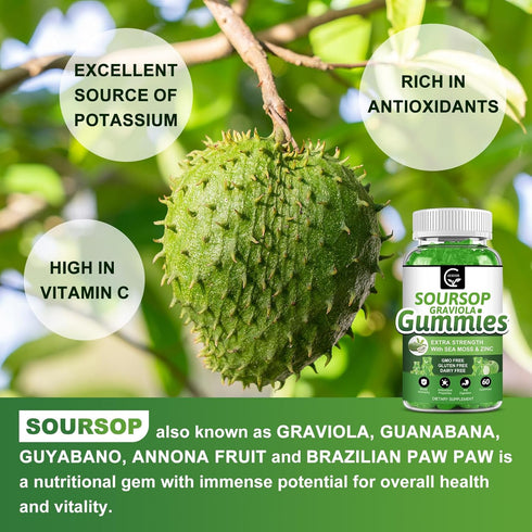 Organic Soursop Graviola Gummies, 2200mg Extra Strength, Zinc & Vitamin C, 60 Gummies, Vegan