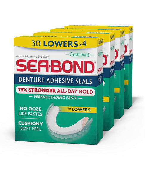 Sea-Bond Secure Denture Adhesive Seals, Fresh Mint Lowers, Zinc-Free, All-Day-Hold, 30 Count (Pack of 4)