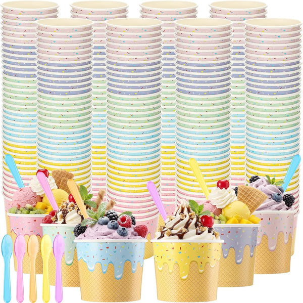 Jingmore 120 Set Paper Ice Cream Cups Bulk with Spoons 4 oz Disposable