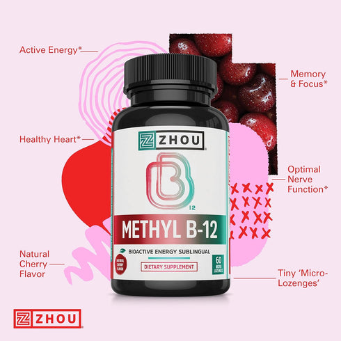 Zhou Nutrition Methyl (Vitamin B12) Lozenges, 5000 mcg for Maximum Absorption and Active Energy, Vegan, Cherry, 60 Count