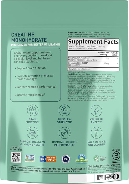 Garden of Life Creatine Monohydrate Powder for Women and Men | Micronized Pre Workout with Probiotics, 60 Servings
