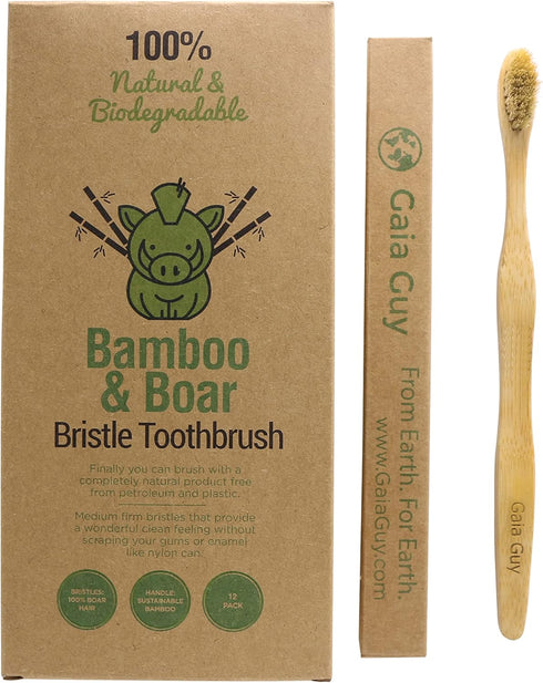 Gaia Guy Natural Bristle Bamboo Toothbrush with Boar Bristles - Biodegradable and Compostable, Zero Waste 12-Pack