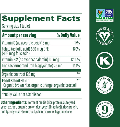 MegaFood Blood Builder - Iron Supplement for Women with Vitamin C, B12, Folic Acid - Vegan, 180 Tabs