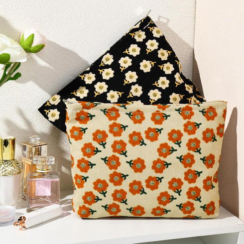 2 Pieces Large Corduroy Makeup Bag, Orange Black Flower Cosmetic Bag, Cute Aesthetic Travel Toiletry Organizer for Women