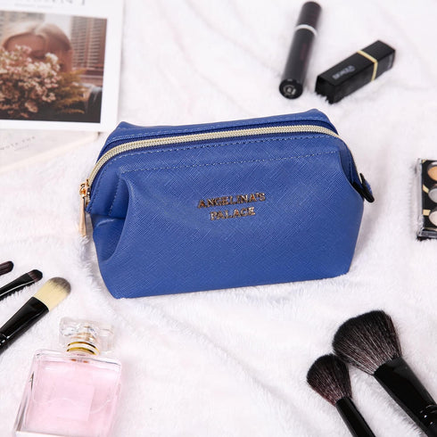 Vegan Leather Waterproof Travel Cosmetic Bag by Angelina's Palace, Toiletry Organizer Makeup Pouches (Dark Chambray)