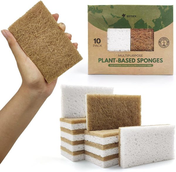 10 Pack Biodegradable Natural Kitchen Sponge, Compostable Cellulose and Coconut Walnut Scrubber Sponges