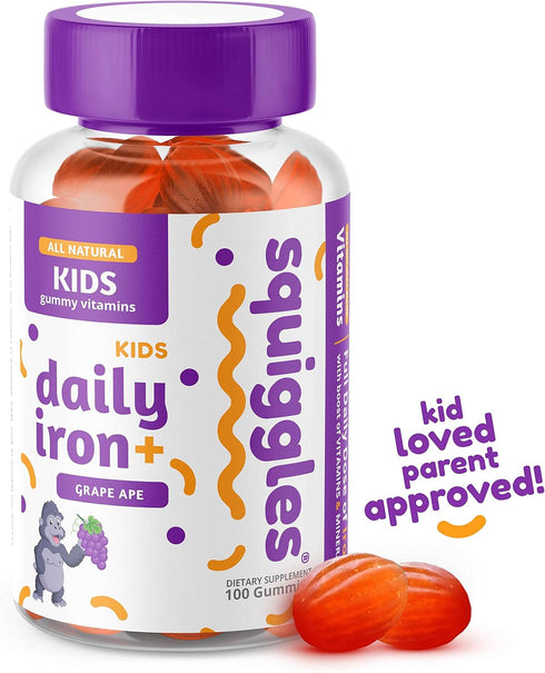 Squiggles Kids Daily Iron+ Gummies, Vegan Chewy Vitamin with Iron, Low Sugar, Grape Flavor, 100 Gummies