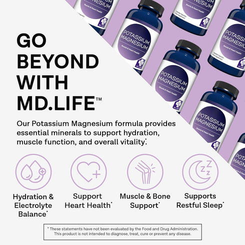 MD. Life Potassium Magnesium Supplement - 90 Capsules, High Absorption Magnesium Complex for Vascular Health