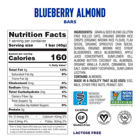 Fody Foods Vegan Protein Nut Bars, 3g Protein Snack Bar, Low FODMAP Certified, Blueberry Almond Bars, 12 Count