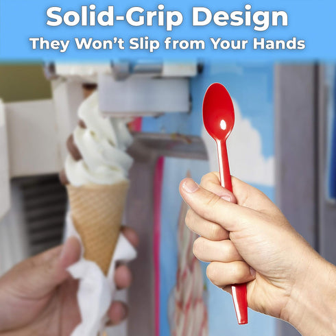 Extra Long Red 8in Premium Sundae Spoons - 50ct Heavy Duty Disposable Plastic Utensils for Ice Cream