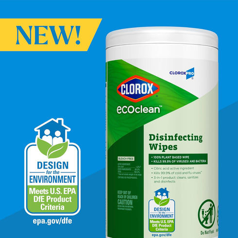 CloroxPro Clorox EcoClean Disinfecting Wipes, 100% Plant Based, Antibacterial Cleaning Cloths, Safe for Multi Surface