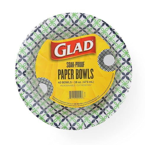 Glad Round Disposable Paper Bowls, 16 oz, 40 Count, Soak Proof, Cut-Resistant, Microwaveable, Blue and Green Daisies