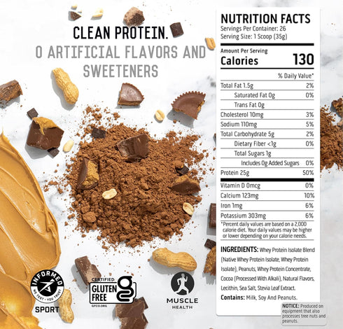 Ascent 100% Whey Protein Powder - Post Workout Isolate, Gluten Free, Chocolate Peanut Butter, 2 lb