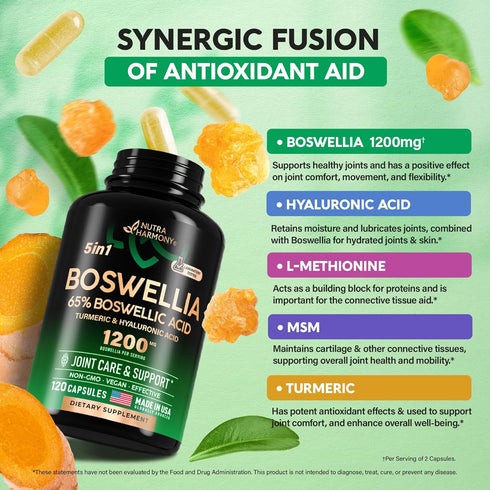 Boswellia Extract Capsules 1200mg - Joint Comfort & Health Support with Turmeric, Hyaluronic Acid, MSM & L-Methionine