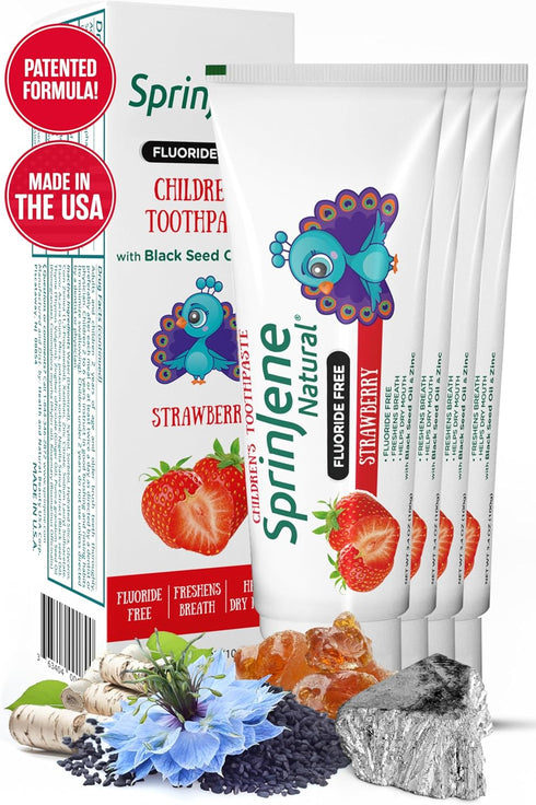 Sprinjene Kids Toothpaste Strawberry, Patented Natural SLS Free, Fluoride Free, Improved Flavor (Pack of 4)