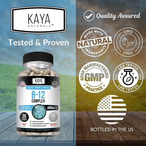Kaya Naturals B-12 Complex, Multivitamin Supplement for Energy & Metabolism, 30 Capsules
