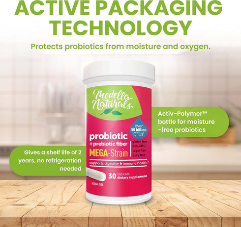 Mega-Strain 50B CFU Probiotics + Prebiotics, 30 Caps for Women & Men, No Refrigeration Required