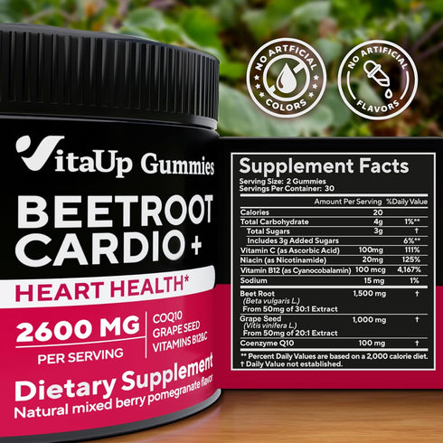 Cardio Beet Gummies 2600mg - Nitric Oxide Gummies with Beet Root, Grape Seed Extract, CoQ10, Vitamin C & B12, 60 Count