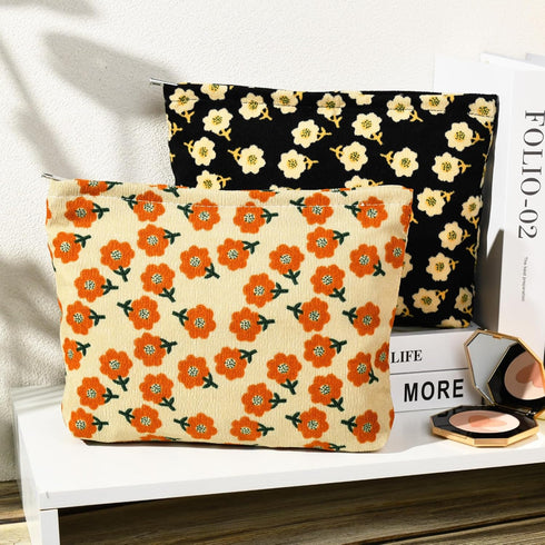 2 Pieces Orange Black Flower Makeup Bag Large Corduroy Cosmetic Bag Capacity Canvas Travel Toiletry Bag Organizer Cute Makeup Brushes Aesthetic Accessories Storage Bag for Women