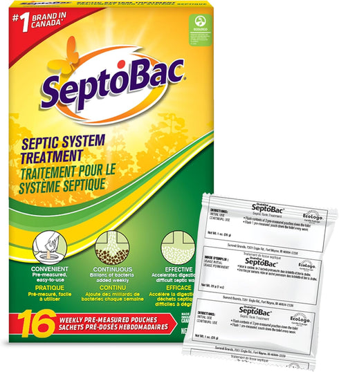SeptoBac Septic System Treatment - 16 Pack Maintenance, Pre-Measured Weekly Pouches for Sewage Waste Tank
