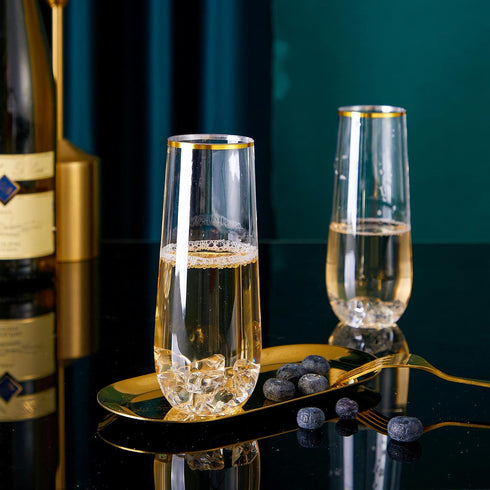 N9R 12PCS Stemless Plastic Champagne Flutes, 9 oz Gold Rim Toasting Glasses, Shatterproof Cocktail Cups for Party