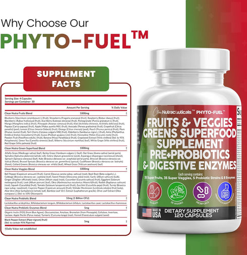 Clean Nutraceuticals Fruits and Veggies Supplement, 120 Capsules, Reds & Greens Superfood with Probiotics & Digestive
