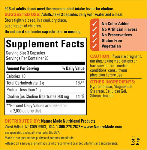 Nature Made Extra Strength Choline Supplements, 800 Mg per 3 Capsules, 60 Capsules, Brain Health, Mood, Muscle & Liver