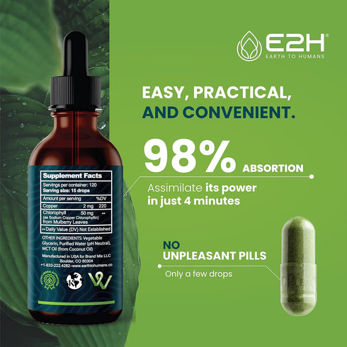 E2H Chlorophyll Liquid Drops, All-Natural Energy Booster, 2 Fl Oz, Vegan, Gluten Free