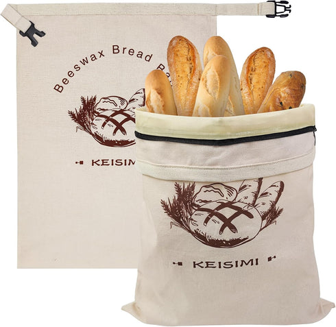 KEISIMI 2 Pack -17 13inch Reusable Bread Bags for Homemade Bread, Beeswax Bread Bags for Sourdough, Cotton Linen Food