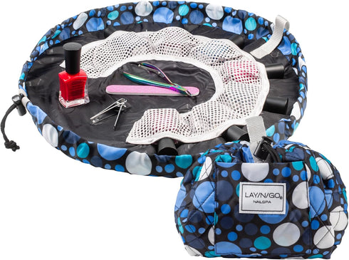 Lay-n-Go NailSpa Drawstring Cosmetic Bag, Portable Nail Supplies Organizer with 8 Elastic Mesh Pockets, 18", Blue Polka
