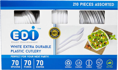 EDI 210 Piece White Disposable Plastic Cutlery Set, Assorted 70 Forks, 70 Knives, 70 Spoons, Extra Durable