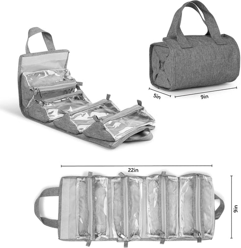 A F 4-in-1 Hanging Toiletry Bag, Roll-up Makeup Organizer with 4 Detachable PVC Zip Pouches, Gray