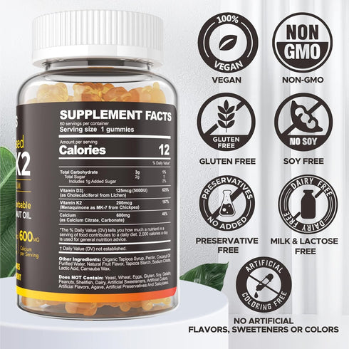 Vitamin D3 5000iu & K2 (as MK7) 200mcg Gummies + 600mg Calcium - High Absorption, Maximum Strength Vitamin D3 K2