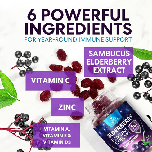 Sambucus Elderberry Immune Support Gummies - Elderberry Extract Gummy with Vitamins C, D3, Zinc, 60 Gummies