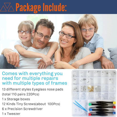 Eyeglass Repair Kit with 220PCS Nose Pads, 6PCS Precision Screwdrivers, Screws & Tweezers for Glasses Repair