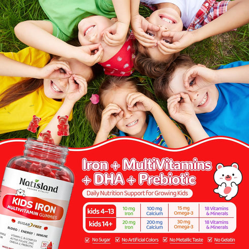 Gummies D3, 60 Iron for Kids & Teens, Kids Multivitamin with Iron Supplement, Vitamin B Complex, A, C, Calcium, Zinc