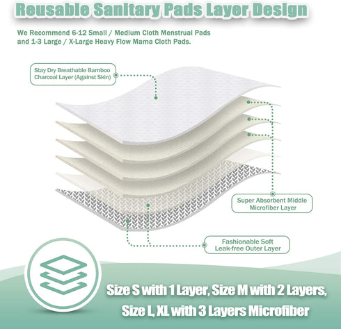 wegreeco Reusable Menstrual Pads, Soft Cloth Sanitary Pads - 6 Pack with 1 Cloth Mini Wet Bag (Large, Luxury)