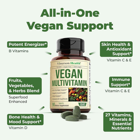 Vegan Multivitamins for Women & Men, Daily Multimineral Supplements for Energy, Focus, 90 Tablets