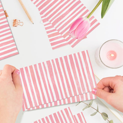 KTHONIOMANTE 200PCS 2 Pack, 4.5x8 Inch Pink and White Stripe Guest Napkins, Ply Disposable Paper Striped Dinner Hand