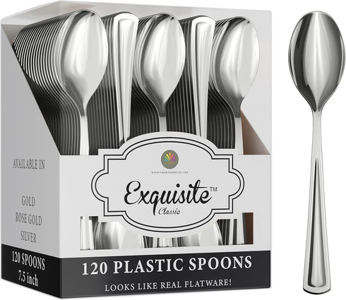 120 Pack Heavy Duty Silver Plastic Spoons - Disposable Silverware for Catering, Parties, Weddings