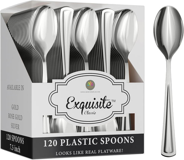 120 Pack Heavy Duty Silver Plastic Spoons - Disposable Silverware for Catering, Parties, Weddings