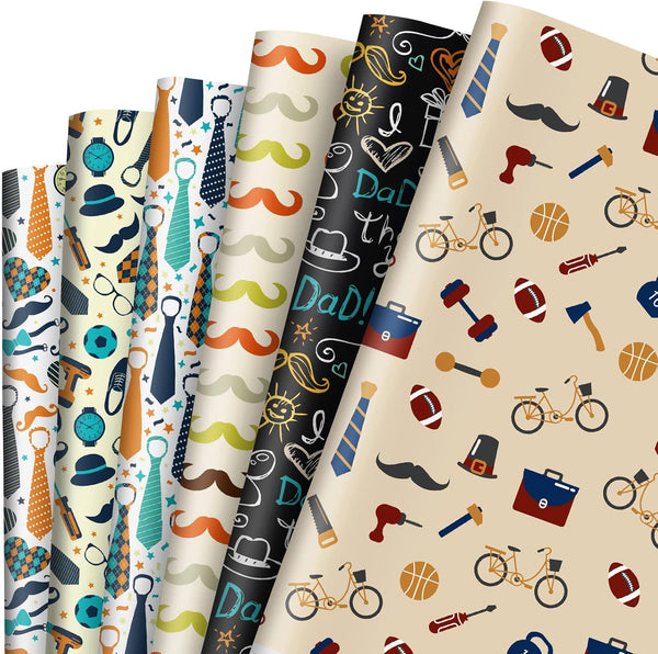 Whaline 12 Sheet Father's Day Wrapping Paper, Necktie Mustaches Watch Print for I Love You Dad Art Packaging, 19.7x27.6
